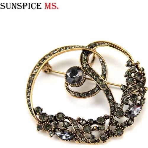 Sunspicems Elegant Gray Crystal Women Brooch Pins Antique Gold Color Turkish Design Bohemia Ethnci Party Jewelry Gift 2020