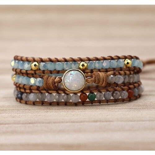 Top Quality Women Bracelets Natural Opal Stone Rhinestone 3 Rows Leather Wrap Bracelet Fancy Femme Boho Bracelets Dropship
