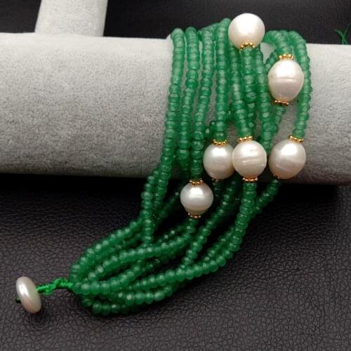 YYGEM 8" 10 Strands Faceted Rondelle Green Jade White Freshwater Pearl handmade strand Bracelet ethnic style for women