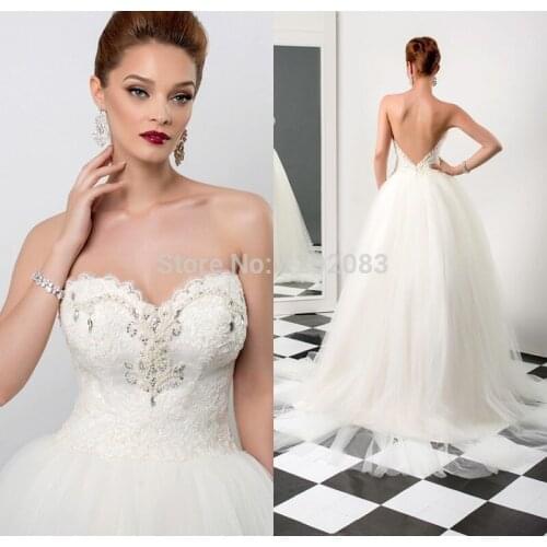 Women Elegant Sweetheart Pearls Crystals Lace Tops Ball Gown Tulle Long Wedding Dresses Sexy Open Back Bridal Gowns 2018