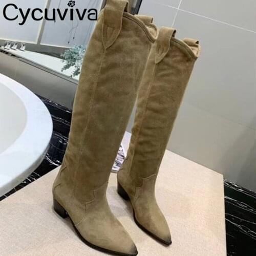 Kid Suede Long Boots Women Shoes Pointed Toe Chunky Heel Ladies Shoes Slip On Genuine Leather Botas Female Casual Bottnes Winter