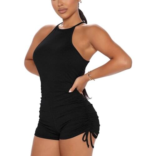 Women Summer Solid Short Romper with Drawstring Slim Sleeveless Jumpsuit Casual Running Drawstring Vest-style Jumpsuit S-XL