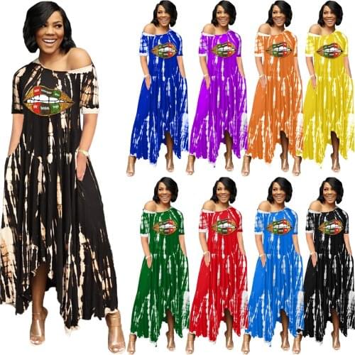 Women Long Maxi Dress Tie Dye Print Short Sleeve One Shoulder Loose Sexy Night Party Club Irregular Dresses Plus Size Summer