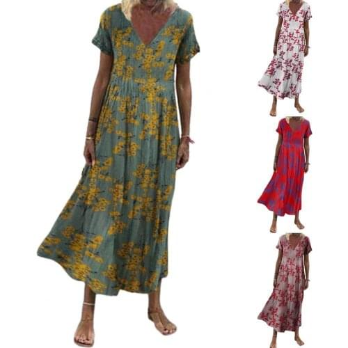 Plus Size Women Casual Dress Bohemian Short Sleeve V-neck Print Slim Stretchy Summer Beach Long Dress платье летнее женское2021