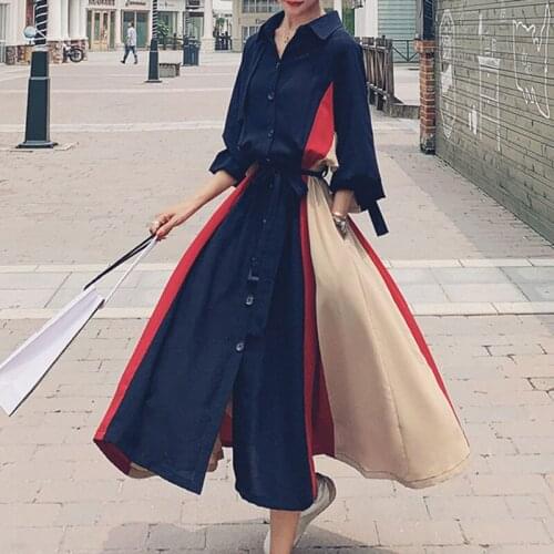Long Sleeved Maxi Dress Women Autumn 2021 New Vintage Platy Belt Dresses Female Harajuku Lapel Loose Patchwork A-line Vestidos