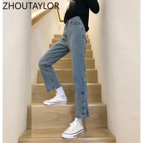ZHOUTAYLOR Jeans Women Fashion Ankle-Length Pants Button High Waisted Pockets Fake Zippers Straight Office Lady Femme Trousers