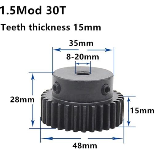 1.5M 30T High frequency blackening Spur Gear pinion teeth width 15mm 1.5mod gear rack 30teeth bore 6-25mm