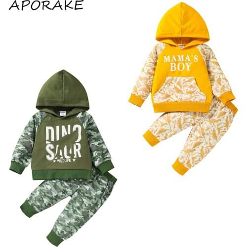 2021 3-24M Casual Baby Boy Clothes Set Letter Dinosuar Print Patch Long Sleeve Hooded Top Sweatshirt With Pocket+Pants Fall 2pcs