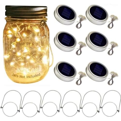 6 Pack Solar Mason Jar Light With Handles, 10 Led String Fairy Firefly Lights Lids Insert ForPatio,Lawn,Garden Decor-No Jars