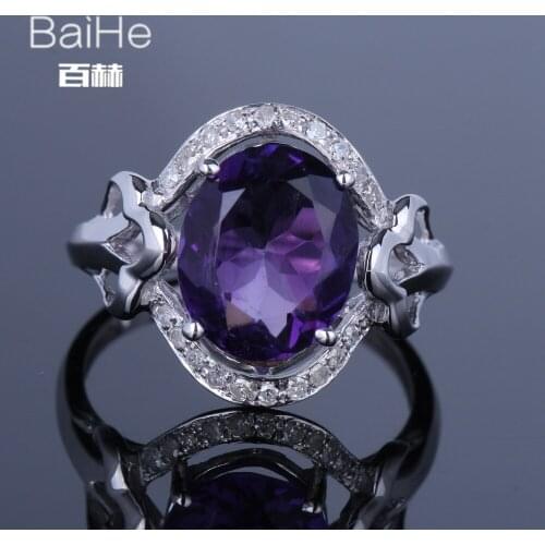 BAIHE Sterling Silver 925 2.8CT Certified Purple Flawless Oval 100% Genuine Amethyst Engagement Women Trendy Elegant unique Ring