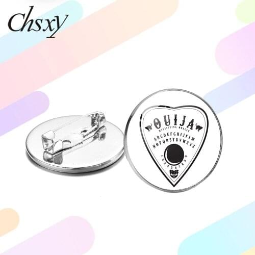 CHSXY Witch Black Cat Ouija YES or NO Brooch Pin Badges Silver Color Dark Art Pattern Glass Cabochon Brooches Decorative Jewelry