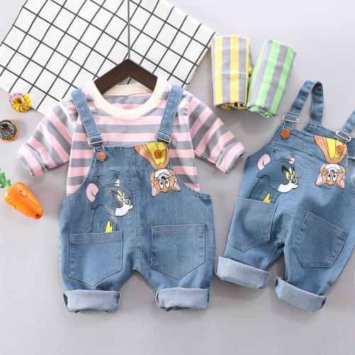 Children Cotton Out Clothes Toddler Spring Autumn Baby Boy Girls Stripe T Shirt cartoon Bib Pants 2Pcs/sets Outfit Kid Tracksuit