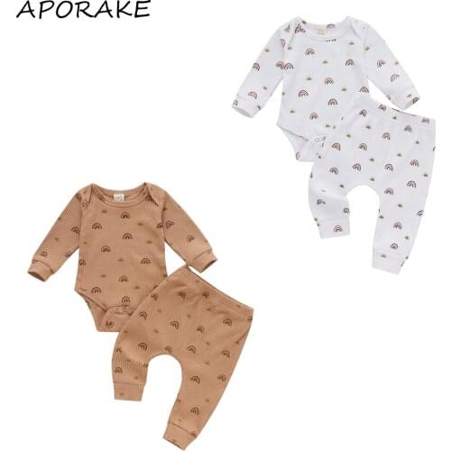 2021 0-12M Infant Baby Girl Boy Clothes Riinbow Print Long Sleeve Romper+Harem Pants Casual Knitted 2pcs For Fall Spring
