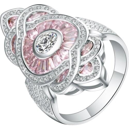Big Rose Cubic Zirconia Flower Rings Female White Gold Filled Jewelry Gift Luxury Ringen White Pink CZ Fashion Womens Rings