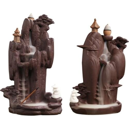 Mountain Stream Backflow Cone Incense Burner Waterfall Incense Holders Home Decor Statue Ornaments and 20 Incense Cones
