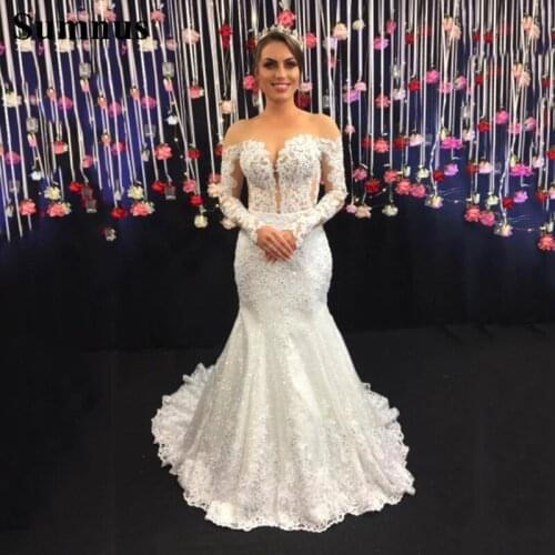 Sumnus Lace Mermaid Wedding Dresses 2021 V Neck Long Sleeves Bridal Dress Open Back Country Bridal Gown Vestido de novie