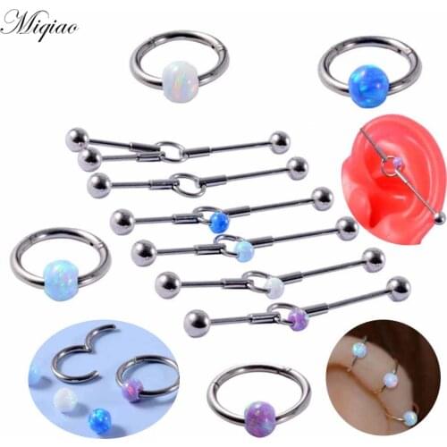 Miqiao 2pcs Fashion Sweet Stainless Steel Opal Barbell Bridge Double Pierced Earrings Nose Ring Piercing Jewelry