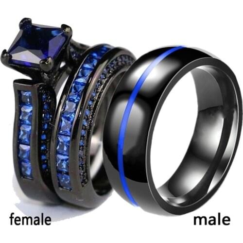 Charm Couple Rings His Her 316L Stainless Steel Princess Cut Blue CZ Black Gold Filled Promise Wedding Engagement Ring Sets