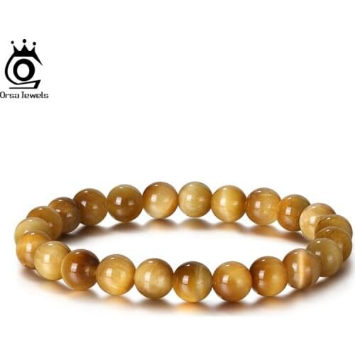 ORSA JEWELS Gold Tigers Eye Bracelet Natural Stone Bracelet for Women Men Stretch Strand 8mm Bead Buddha Bracelet Men GMB33