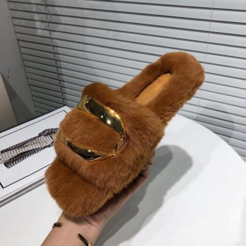Autumn Women Flat Fur Slippers Solid Round Toe Casual Ladies Shoes With Metal Decoration Outside Fashion Zapatillas Mujer