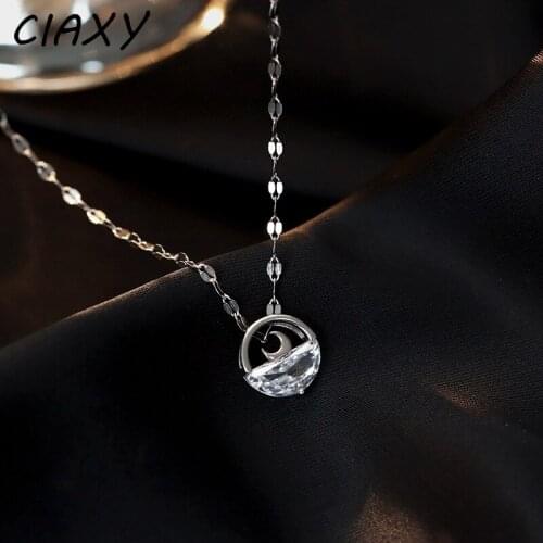 CIAXY 925 Sterling Silver Zircon Sea Rising Moon Pattern Necklaces for Women Clavicle Chain Choker Creative Korean Jewelry