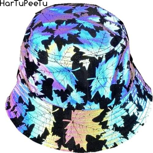 Women Rainbow Bucket Hat Maple Leaf Reflective Light Unisex Club Disco Hip Hop Hat Street Headwear Wide Brim Fisherman Cap