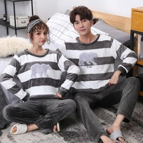 Couples Casual Striped Thick Warm Flannel Long Sleeve Pajamas Sets Women Winter Cute Cartoon Coral Velvet Sleepwear Men Homewear