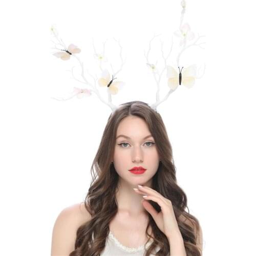 Christmas Headbands Tree Branches Antlers Headbands Forest Witches Hair Bands with Flowers Butterflies for Holiday Party