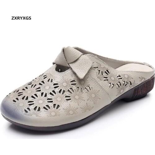 ZXRYXGS Round Toe Hollow Printing Genuine Leather Slippers Women Sandals 2020 Soft Sole Comfort Summer Slippers Casual Sandals