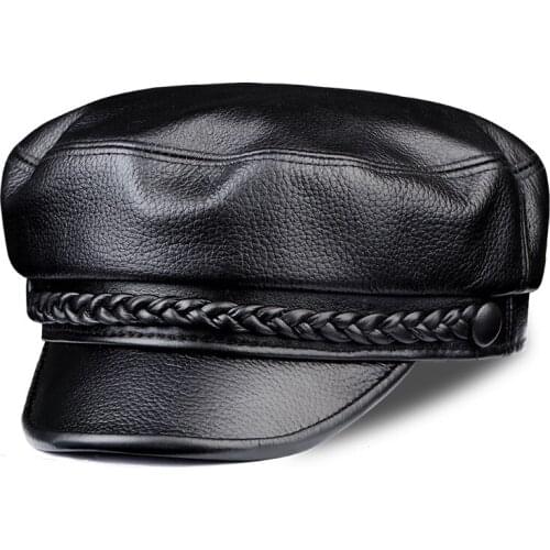 Spring Genuine Deer Leather Rider Style Newsboy Real Cow Leather Fashion Army Cap Box Hat Cadet Visor Male Women Student Hat