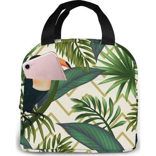 Tropical Leaves Birds Cooler Bag Portable Zipper Thermal Lunch Bag Convenient Lunch Box Tote Food Bag
