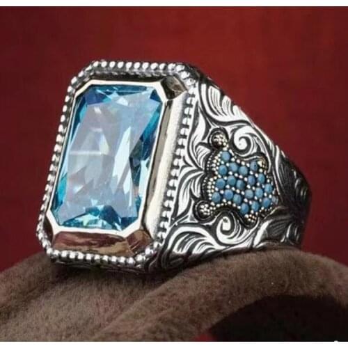 Sparkling Natural Gemstone Blue Zircon Sapphire Stone Ring Men Wedding Rings for Men Jewelry