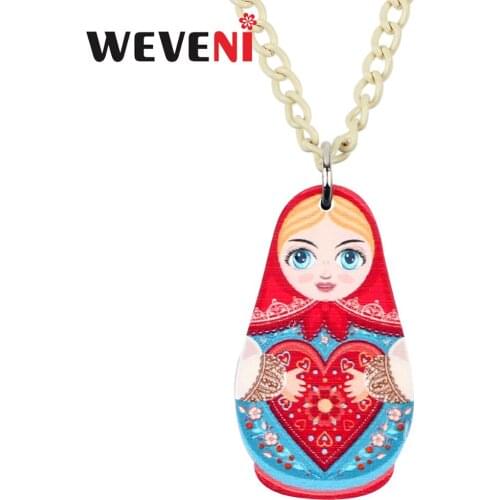 WEVENI Acrylic Russian Ethnic Matryoshka Girl Doll Necklace Pendant Chain Sweet Jewelry Lady Girls Teens Festival Gifts 2019 New