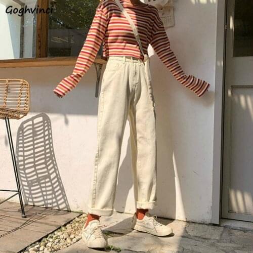 Jeans Women Solid Ankle-length Casual Loose Straight Womens Korean Style Simple High Street Streetwear All-match Vintage Fashion