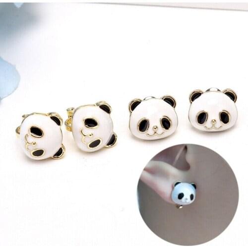 Lovely Women Enamel Cartoon Panda Ear Clip Stud Earrings Statement Jewelry
