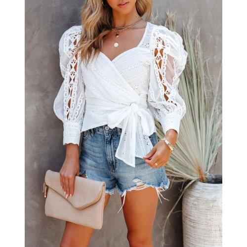 Lady Lace Puff Sleeve White Top Women Tops and Blouses woman tshirts