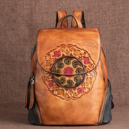 Womens Genuine Leather Backpack Bags Royal Flower School Bag High Quality Female Shoulder Bags Ladies Travel Daypack