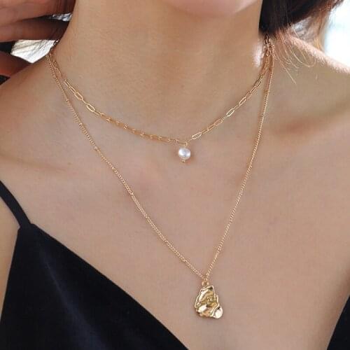 Origin Summer Double Layers Irregular Geometric Alloy Pendant Necklace for Women Gold Color Thin Chain Necklace Everyday Jewelry
