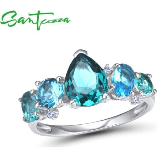 SANTUZZA Silver Rings For Women 925 Sterling Silver Newest Design Shiny Blue Crystal Cubic Zirconia Ring Trendy Fashion Jewelry