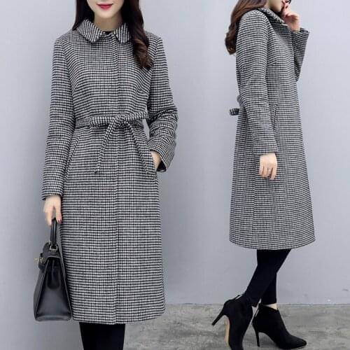 Autumn Spring 2020 New Wool Coat Women Long Plaid Houndstooth Woolen Female Jacket Elegant Womens Coats Sobretudo KJ950