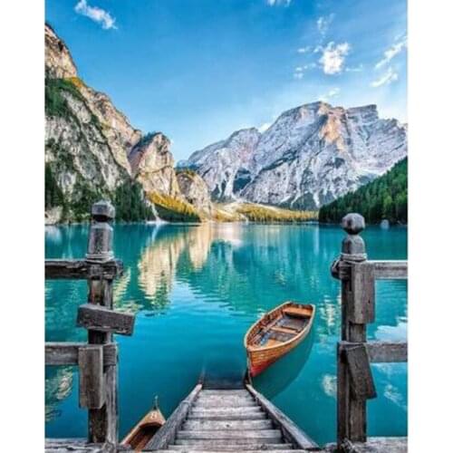 5D DIY Landscape Painting Diamond Painting Square/Round Diamond Lakeside Boat Picture Cross Stitch Decoration Artwork TX077