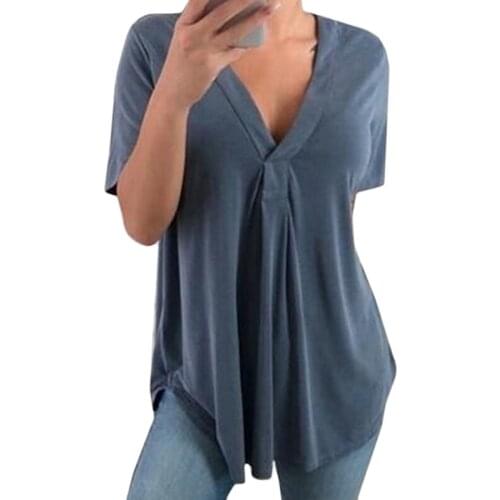 Summer Sexy V-neck Tops Short Sleeve Office Tops Womens Casual Loose Soild Color Shirt Fashion Pleated Irregular Hem Top