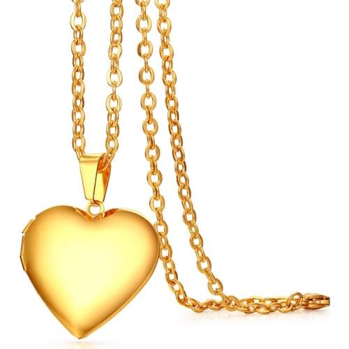 BONISKISS Trendy Necklace For Women And Men Stainless Steel Gold Heart pattern Open photo frame Pendant Necklaces Free Engrave