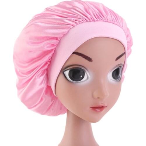 New kids Faux Silk Bonnet Cap girls Wide Elastic Band Solid Night Sleep Hat Wrap Pleated Wine Red Color