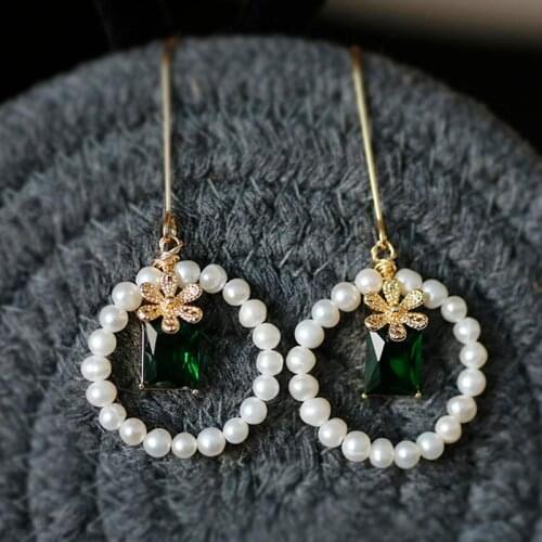 New Women Pearl Green Zirconia CZ Drop Dangle Earrings Jewelry 100% Natural Fresh Water Baroque Pearl Handmade Earrings Fashion