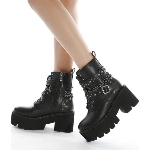 Punk Gothic Ankle Boots For Women Platform Chunky Woman High Heels Female Rivet Footwear Big Size Ladies Chain Buckle Shoes