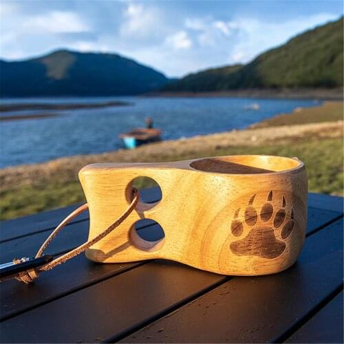 Portable Wooden Cup Tea Coffee Mug with Rubber Wood Handle Two Hole Cowhide Rope Hook Juice Milk Water Bottle Outdoor