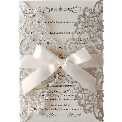 50pcs Slivery Glitter Laser Cut Wedding Invitations with Pearlescent Ivory inserts Beige Bow Invites Cards for Party Supplies