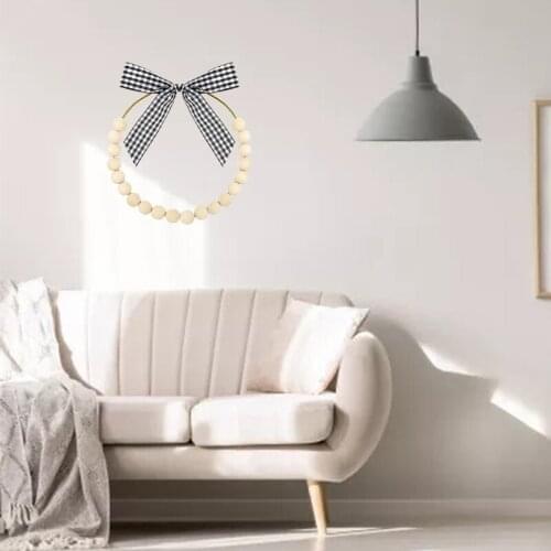 Christmas Wooden Beads Wreath Rustic Buffalo Plaid Ribbon Bow Garland Decoration
