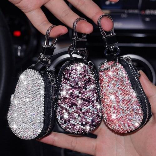Universal Bling Rhinestone Car Key case Crystal Diamond Car Smart Key Chain Holder Metal Hook Keyring Zipper Bag For Women Girls